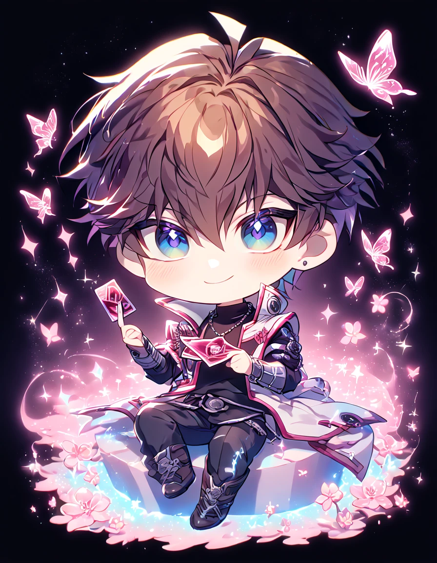 absurdres, highres, ultra detailed, HDR, master piece, best quality, extremely detailed, Kaiba Seto chibi, brown hair, expressive blue eyes, Yu-Gi-Oh, solo, cute, handsome, handsome smile, sensual, white coat, black shirt, black pants, holding a card, sitting, magical, sparkling, pink glittering fireflies, pink ice, pink ice butterflies, pink ice petals, pink ice cherry blossoms, pink crystal, pink flowers