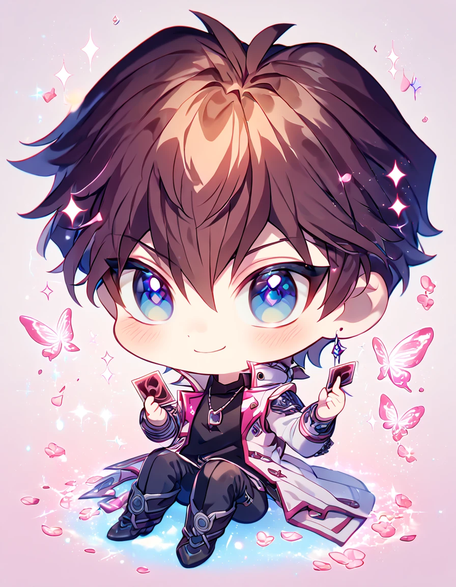 absurdres, highres, ultra detailed, HDR, master piece, best quality, extremely detailed, Kaiba Seto chibi, brown hair, expressive blue eyes, Yu-Gi-Oh, solo, cute, handsome, handsome smile, sensual, white coat, black shirt, black pants, holding a card, sitting, magical, sparkling, pink glittering fireflies, pink ice, pink ice butterflies, pink ice petals, pink ice cherry blossoms, pink crystal, pink flowers