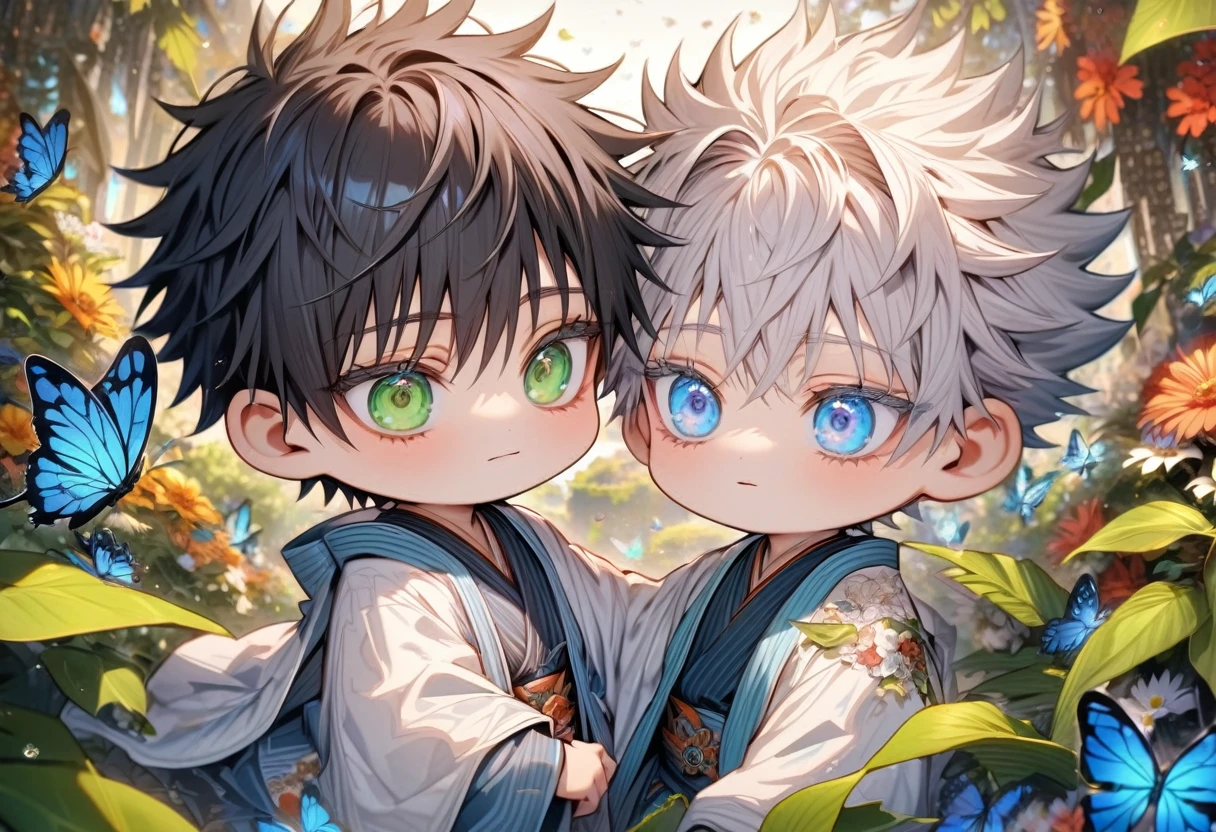 Ultra detailed, HDR, Highres, absurdres, master piece, Gojou Satoru as a chibi, white hair with bangs, expressive blue eyes, white eyelashes, Fushiguro Megumi as a chibi, black hair, expressive green eyes, white haori, light blue kimono, Jujutsu Kaisen, flowers, butterflies, fantasy, magical, green leaves, summer, two boys together, gay couple, yaoi, cute,