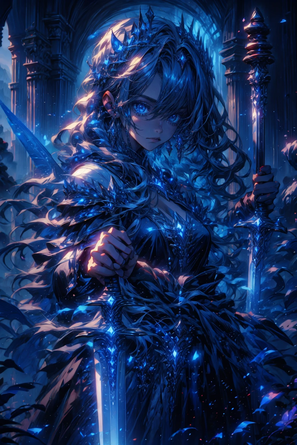 1girl,solo,cool,cleavage,dress,she holding sword,she is warrior,knight