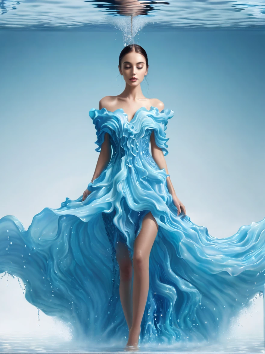 A girl，Wearing a gorgeous outfit made of water，Exquisite dress，Elegant water dress，Gorgeous and elegant，Luxurious clothing，Inspired by Hedi Xandt&#39;s design style。Her attire includes intricate clothing、ornate royal robes、Fine clothing and robes，and dresses with delicate and elegant details。She stepped on high heels，Dressed in royal style。Her hands have finely detailed finger drawings。(((The fire burned in her body，Also dancing on the skirt，The fire element gave her a winged form)))。Covered with transparent fabric。It's a masterpiece, The highest quality artistic presentation：1.2）,（8K resolution high-definition RAW photos, a realistic style, Photorealistic:1.3）,(Skin texture is extremely detailed, The fabric texture is exquisite, Realistic flame effects, Beautiful and delicate face:1.25),Professional lighting arrangement、Photon Mapping Technology、Soft and beautiful light processing、Radiometric calculation method、High-end shooting techniques such as physically based realistic rendering and ray tracing technology are used in it;Model-like shooting style， (Extremely fine CG unified 8K wallpaper),Full-length photo shows one of the most beautiful works of art in the world