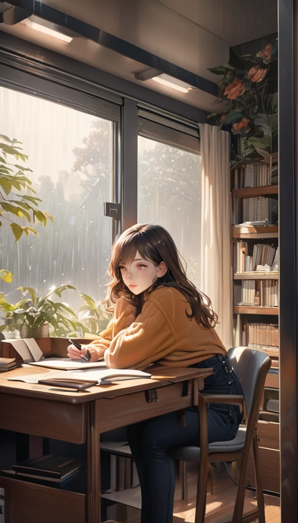 a girl studying at a desk, rain in the window, cute clothes, cozy ambiance, (best quality,4k,8k,highres,masterpiece:1.2),ultra-detailed,(realistic,photorealistic,photo-realistic:1.37),detailed face, beautiful detailed eyes, beautiful detailed lips, extremely detailed eyes and face, long eyelashes, focused expression, indoor setting, warm lighting, window view, rainy day, study room, desk, books, warm colors, soft lightingundefined, undefined, undefined, undefined, 