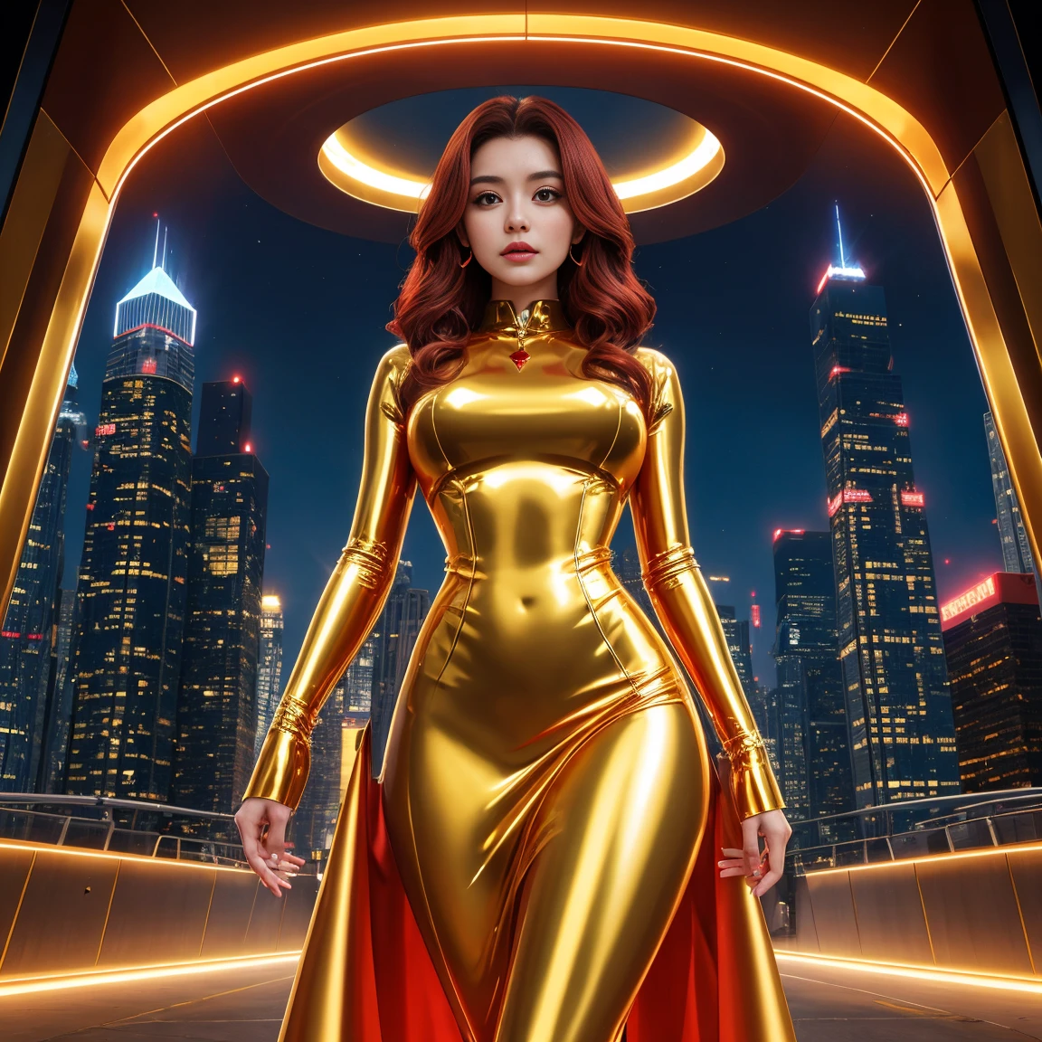 A beautiful Goddess, medium hair, Body cute, shiny gold red , wearing a futuristic dress in a futuristic city