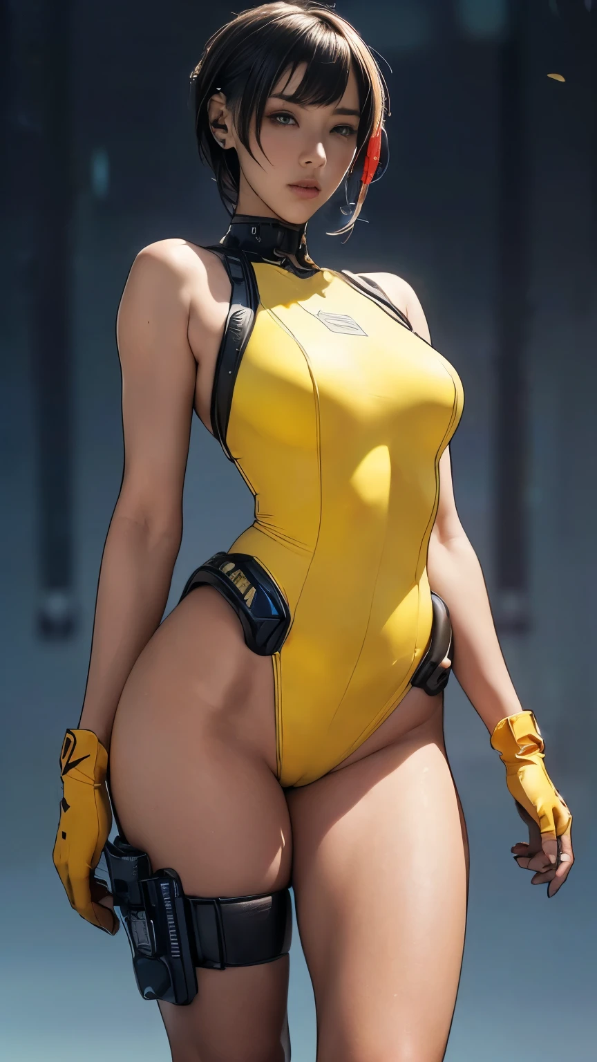 (A woman),(((A female special forces member stands))),((Yellow tactical High leg bodysuit:1.5)),((earphone:1.5)),((Tactical Holster:1.5)),(Gloves:1.5),(Serious:1.5),(Super short hair:1.5),(bionde:1.5),(beautiful eyes:1.3),(Very detailedな顔:1.5),((Very detailed drawing of a female hand:1.5)),((muscular:1.5)),(Sexy appearance:1.5),((Thick thighs:1.5)),(Beautiful Body:1.5),((Very sensual:1.5)),(The backdrop is a futuristic city:1.5),(Cyberpunk atmosphere:1.5),(((Blurred Background:1.5))),(Written border depth:1.5),rest(((masterpiece:1.5),(best quality:1.5),(Very detailed:1.5),(high resolution:1.5),(Practical:1.5),(Practical:1.5),(Delicate depiction),(Carefully drawn))),8k,wallpaper