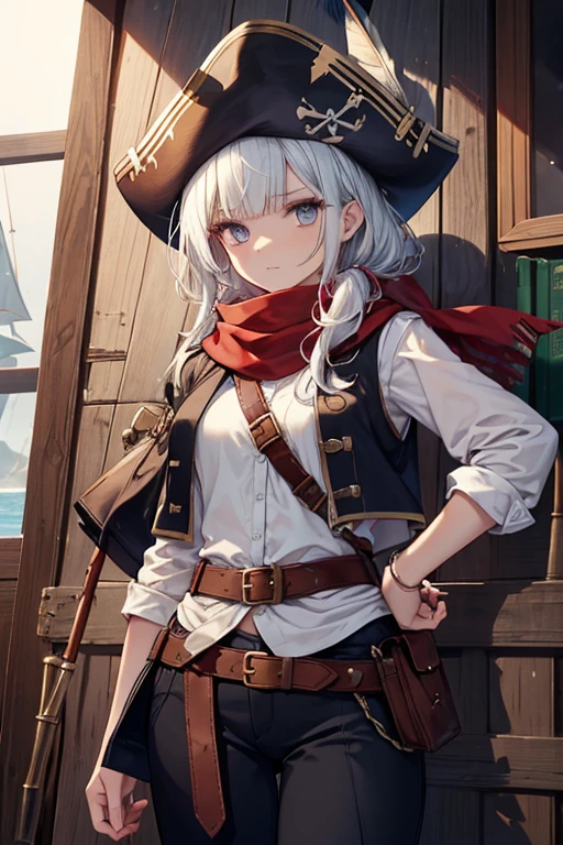 a cunning pirate from the Marinthia Archipelago, known for her charm and navigational skills Ayla wears a white linen shirt, with wide, loose sleeves, and a dark brown leather vest, well adjusted to the body, with multiple pockets and compartments to store your pirate utensils. detaileds: She wears a black belt around her waist, where hang a variety of knives and a small pistol. Your pants are made of tough leather, and she wears high boots, ideal for navigation and combat. Para completar o visual, Ayla wears a tricorn hat adorned with colorful feathers and a red scarf tied around her neck.. Her look is accentuated by slightly dark makeup and a bold look..
