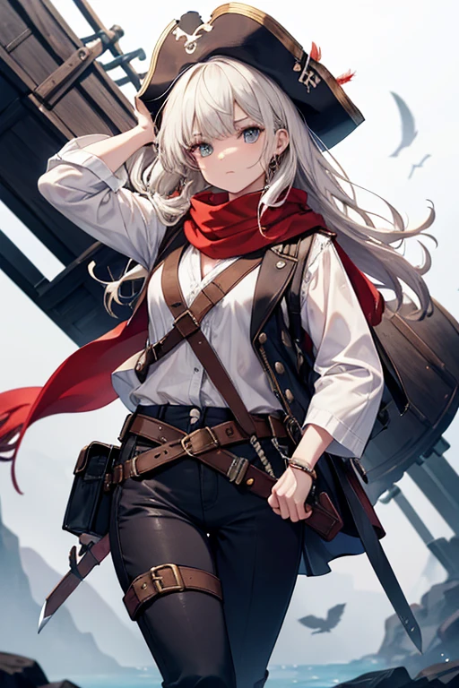 a cunning pirate from the Marinthia Archipelago, known for her charm and navigational skills Ayla wears a white linen shirt, with wide, loose sleeves, and a dark brown leather vest, well adjusted to the body, with multiple pockets and compartments to store your pirate utensils. detaileds: She wears a black belt around her waist, where hang a variety of knives and a small pistol. Your pants are made of tough leather, and she wears high boots, ideal for navigation and combat. Para completar o visual, Ayla wears a tricorn hat adorned with colorful feathers and a red scarf tied around her neck.. Her look is accentuated by slightly dark makeup and a bold look..