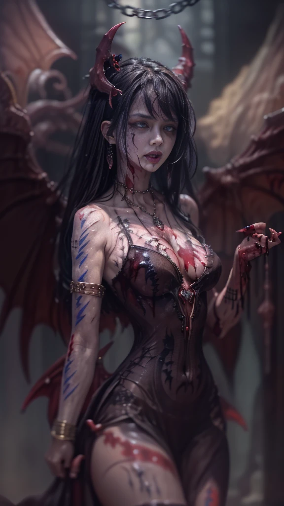 (32K:1.5, Dark fantasy:1.4, Highest quality, masterpiece, Ultra-high resolution), Perfect dynamic composition:1.3, Horror Portrait, chaos, Dark Background:1.3, Prisoner, slave, Dark Demon World, god々Shii, (Detailed tattoos on the whole body:1.4, wearing exquisite jewelry:1.4), Very detailedな肌と顔の質感:1.3, Very accurate, Very detailed, (Cute and sexy succubus demon with big wings:1.3, Incredibly slim body:1.3, Beautiful and aesthetic:1.3), Horn, Fair skin, Sensual posture, ((Properly dressing badly torn clothing:1.3)), Mid-chest, (Big eyes that exude eroticism:0.4, Feel the stimulating caress:1.0, Please open your mouth a little, lipstick, Feel the eroticism:0.9, Too sexy and cute:0.8, charm的な:0.8), ((Bloody:1.5, Covered in scars:1.5, Necrosis:1.6, Lots of chains:1.6, Countless chains tangled in clothes:1.6, Chain your right arm:1.5, Chain the left arm:1.5, The right leg is bound with a shackle and chain:1.5, The left leg is bound with a shackle and chain:1.5)), Super long blonde curly hair, Earrings, necklace, bracelet, romantic, god秘的, elegant, Object of admiration, original, dramatic, artistic, Innovative, charm, Heartful, Fancy, sense of openness, sense of cleanliness, special, grotesque, exciting, Extreme, Tilt, sense of loss, sorrow, sorrowの表現, ((悪魔のcharm, 女性的なcharm))