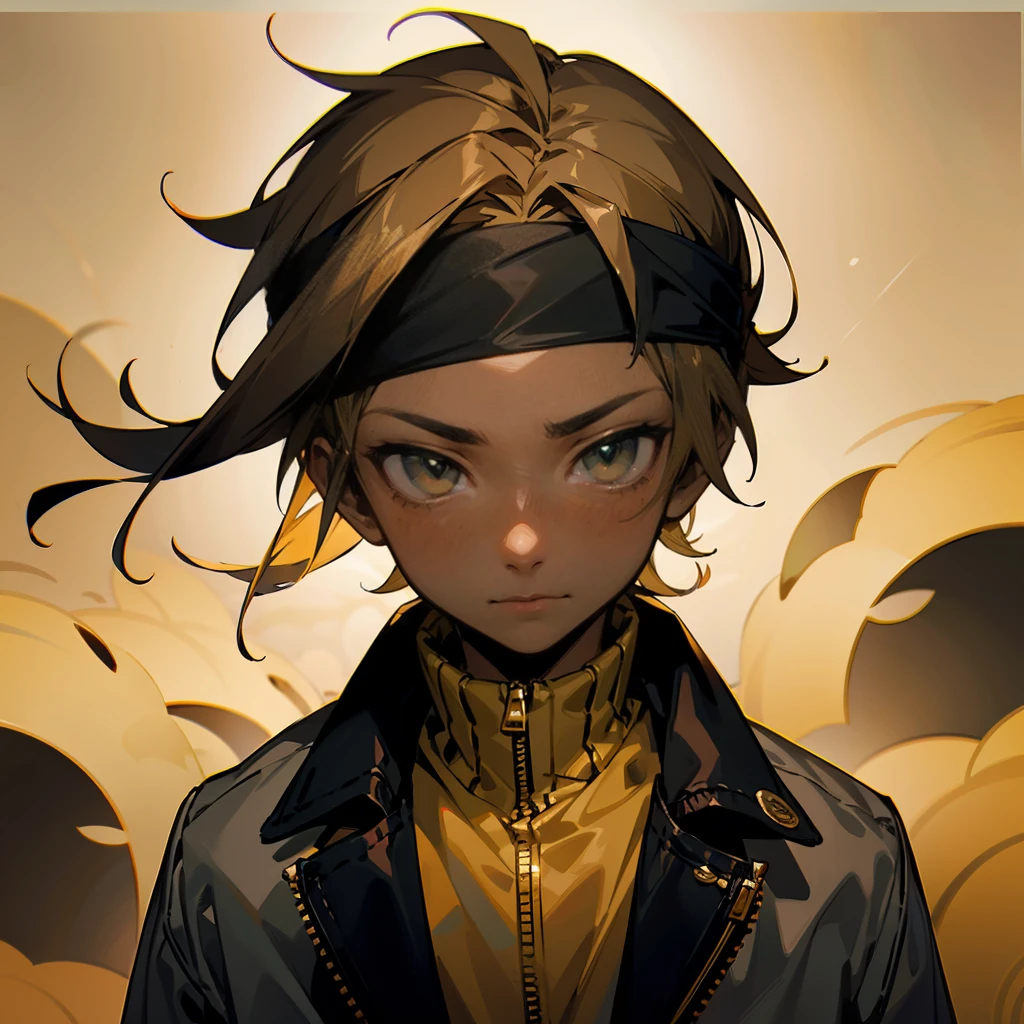 1male , Calm Expression , Ombre Hair ,Black Hair , Gold Highlighted Hair ,Black Turtleneck Zipped turtleneck Jacket ,Black Headband, Dark Skin , Kid Male , Facing Viewer