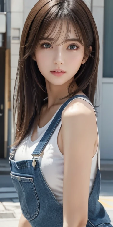 Realistic、Highest quality、Highest quality、masterpiece、Ultra-high resolution、RAW Photos、Realistic、Bright lighting、Face Light、Smooth Professional Lighting、Looking into the camera、alone、Adult female、Beautiful woman、Super Beauty、Realistic肌、Moisturized Skin、Realistic eyes and faces、Perfect model body shape、Beautiful Eyes、Big eyes、Inconspicuous tear bags、slim、Big Breasts、Very good、No makeup、Camel Toe、Very long hair、Black Hair、black eye、seems to be happy、The ears are hidden by the hair、pho3b3cat3s photos, Beautiful woman, ((24-years-old)), street, T-Shirts, Denim overalls, 1980s, Retro, ポニーテールの長いウェーブのかかったBlack Hair, (masterpiece), (Highly detailed CG Unity 8K wallpapers), Complex, ((Realistic)),