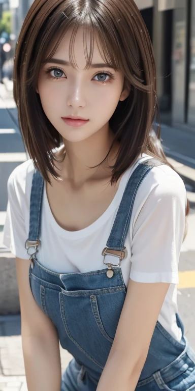 Realistic、Highest quality、Highest quality、masterpiece、Ultra-high resolution、RAW Photos、Realistic、Bright lighting、Face Light、Smooth Professional Lighting、Looking into the camera、alone、Adult female、Beautiful woman、Super Beauty、Realistic肌、Moisturized Skin、Realistic eyes and faces、Perfect model body shape、Beautiful Eyes、Big eyes、Inconspicuous tear bags、slim、Big Breasts、Very good、No makeup、Camel Toe、Very long hair、Black Hair、black eye、seems to be happy、The ears are hidden by the hair、pho3b3cat3s photos, Beautiful woman, ((24-years-old)), street, T-Shirts, Denim overalls, 1980s, Retro, ポニーテールの長いウェーブのかかったBlack Hair, (masterpiece), (Highly detailed CG Unity 8K wallpapers), Complex, ((Realistic)),