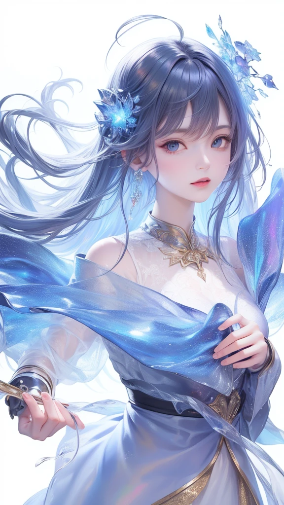 ((masterpiece)), (((best quality))), ((ultra-detailed)), ((illustration)),[realism light effect],shadow,(Fantasy style),(white background:1.6), simple background, (earth theme),(a cloak)[(hair focus,((1girl)),[(big slime hair): (cloud hair):0.3], (hair on background),(high saturation),(hair surrounded by galaxy splashes),)):((her hair is becoming galaxy clouds,:1.27628), (hair and clothes is galaxy clouds and cluster of stars:1.1025),(a cloak is becoming galaxy clouds)