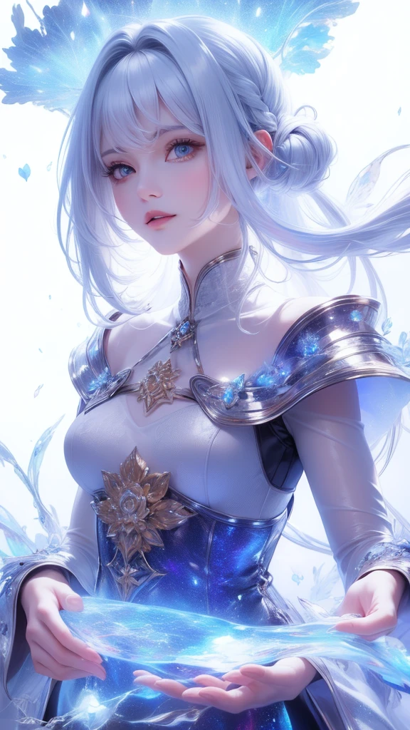 ((masterpiece)), (((best quality))), ((ultra-detailed)), ((illustration)),[realism light effect],shadow,(Fantasy style),(white background:1.6), simple background, (earth theme),(a cloak)[(hair focus,((1girl)),[(big slime hair): (cloud hair):0.3], (hair on background),(high saturation),(hair surrounded by galaxy splashes),)):((her hair is becoming galaxy clouds,:1.27628), (hair and clothes is galaxy clouds and cluster of stars:1.1025),(a cloak is becoming galaxy clouds)