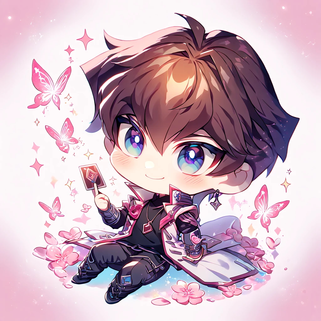 absurdres, highres, ultra detailed, HDR, master piece, best quality, extremely detailed, Kaiba Seto chibi, brown hair, expressive blue eyes, Yu-Gi-Oh, solo, cute, handsome, handsome smile, sensual, white coat, black shirt, black pants, holding a card, sitting, magical, sparkling, pink glittering fireflies, pink ice, pink ice butterflies, pink ice petals, pink ice cherry blossoms, pink crystal, pink flowers
