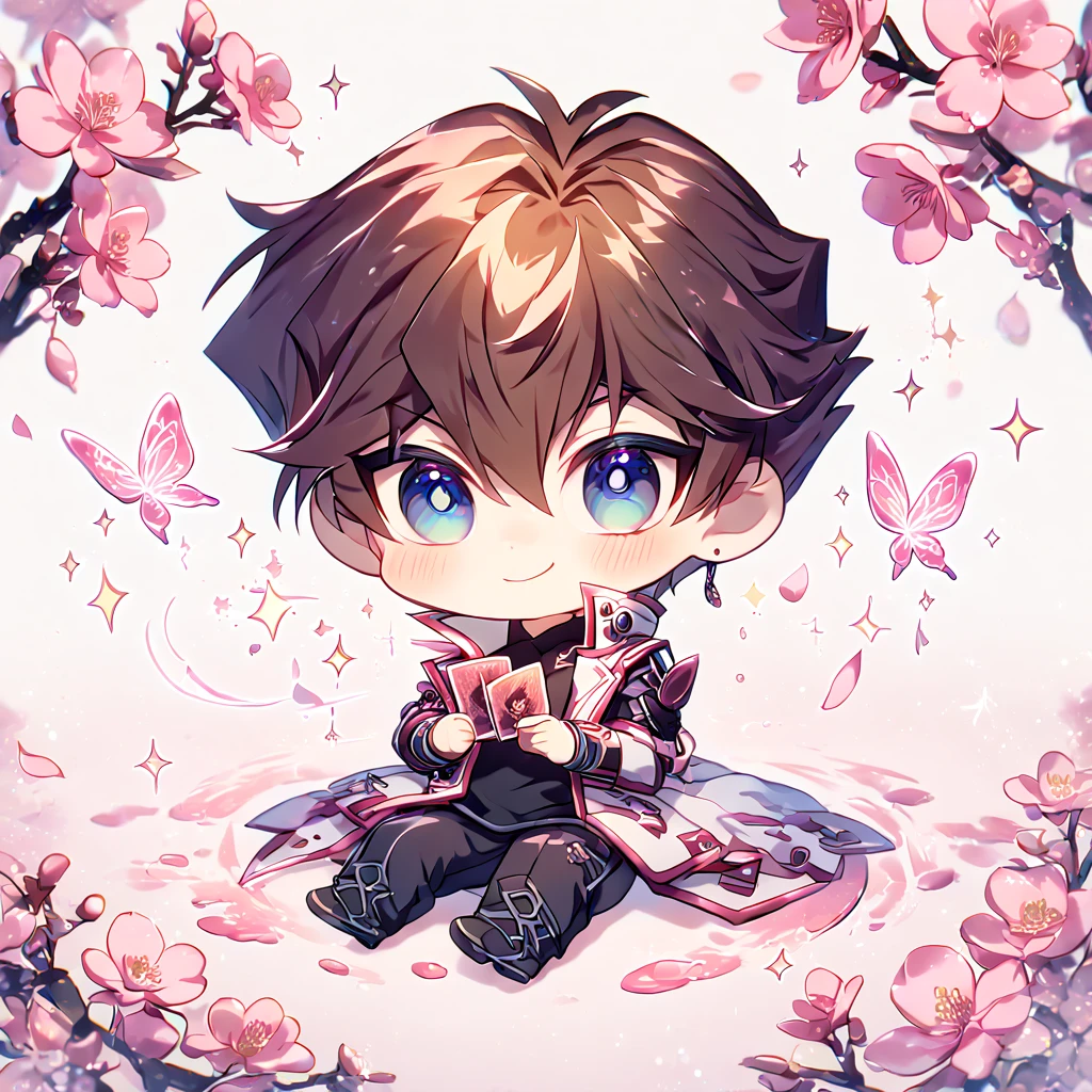absurdres, highres, ultra detailed, HDR, master piece, best quality, extremely detailed, Kaiba Seto chibi, brown hair, expressive blue eyes, Yu-Gi-Oh, solo, cute, handsome, handsome smile, sensual, white coat, black shirt, black pants, holding a card, sitting, magical, sparkling, pink glittering fireflies, pink ice, pink ice butterflies, pink ice petals, pink ice cherry blossoms, pink crystal, pink flowers