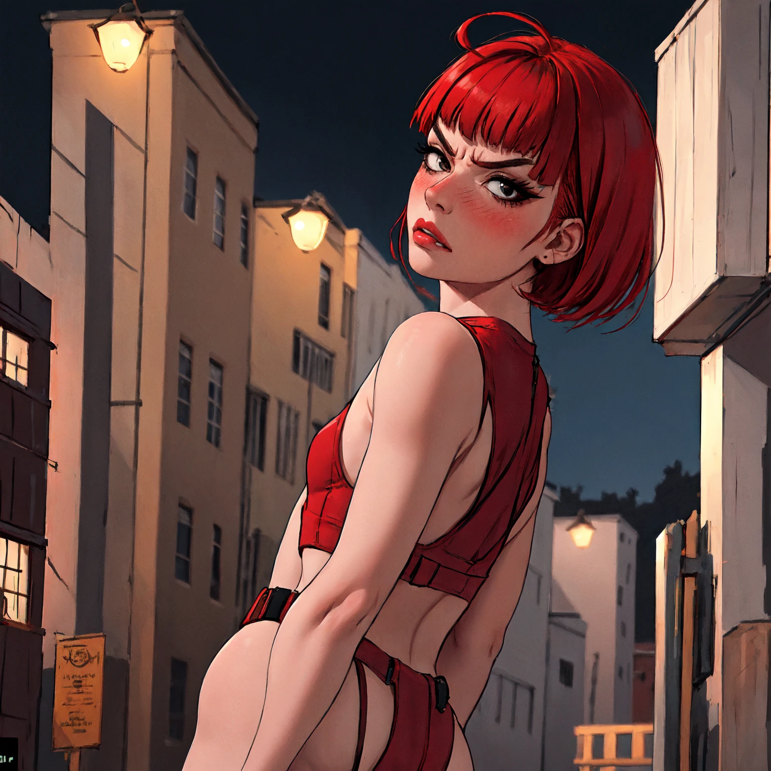 1woman, 35 years old, solo, skinny, red hair, black eyes, eyeliner, looking at viewer, lips, red bob cut, blunt bangs, blush, standing, upper body, face focus, outdoors, tec \(theme\), night, large breats, backwards, looking back, angry face