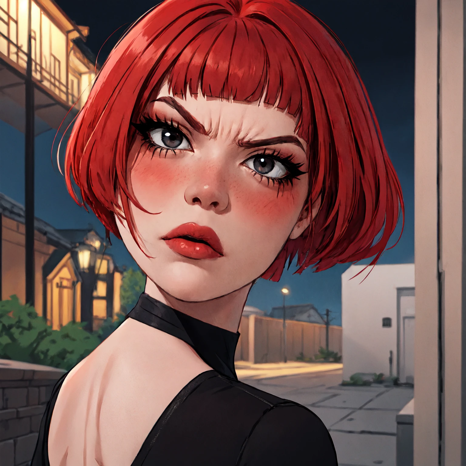 1woman, 35 years old, solo, skinny, red hair, black eyes, eyeliner, looking at viewer, lips, red bob cut, blunt bangs, blush, standing, upper body, face focus, outdoors, tec \(theme\), night, large breats, backwards, looking back, angry face