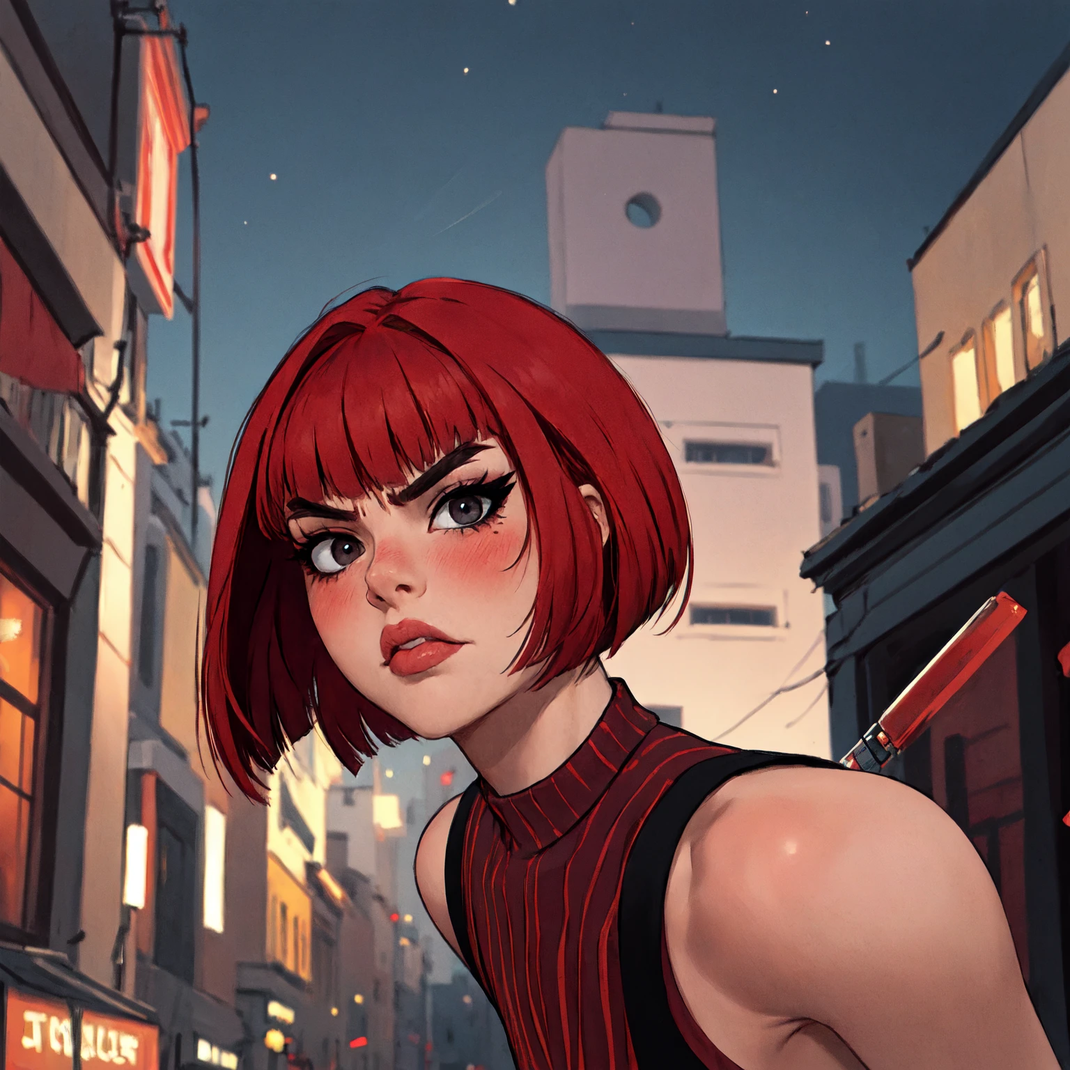 1woman, 35 years old, solo, skinny, red hair, black eyes, eyeliner, looking at viewer, lips, red bob cut, blunt bangs, blush, standing, upper body, face focus, outdoors, tec \(theme\), night, large breats, backwards, looking back, angry face
