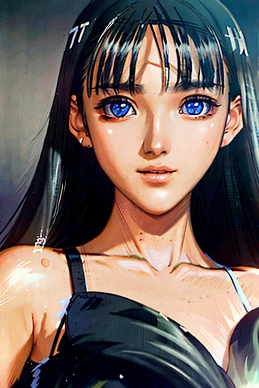 RAW photo, beautiful young female with long sleek black hair with bangs ((flat bangs)), blue eyes, 18ish girl, beautiful face, wearing black dress, smile face, closed mouth, not looking at viewer, hard shadows, cinematic shot, dramatic lighting.(Ultra Realistic), (Illustration), (Increased Resolution), (8K), (Extremely Detailed), (Best Illustration), (Beautiful and Detailed Eyes), (Best Quality), (Ultra Detailed), (Masterpiece ), ( wallpaper), (detailed face), solo, 1 girl, mature, age 25,looking at viewer, fine details, detailed face, in the dark, deep shadows, low key, pureerosfaceace_v1, smiling, long hair, black and white, shawl straight hair , 46 points oblique bangs, masterpiece, best quality, 35mm, 8k, absurdres, beautiful girl, (upper body, dark grey background:1.4), (black classical dress, black hair:1.6), slender, dark studio, rim lighting, ultra realistic, highres, photography, film grain, chromatic aberration, depth of field, sharp focus, HDR, facelight, dynamic lighting, cinematic lighting, professional shadow, dark shadow, highest detailed, extreme detailed, ultra detailed, finely detail, real skin, delicate facial features, detailed face and eyes, sharp pupils, realistic pupils, long black hair with bangs, black hair top, white hair undercolor, Split Hair Two Tone , Split Hair Two Tone black and white color hair,black hair, white hair, mix hair color,green eyes, white hair  emerald eyes. white hair, platinum hair color, blue eye, Big Breasts.