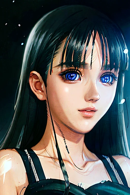 RAW photo, beautiful young female with long sleek black hair with bangs ((flat bangs)), blue eyes, 18ish girl, beautiful face, wearing black dress, smile face, closed mouth, not looking at viewer, hard shadows, cinematic shot, dramatic lighting.(Ultra Realistic), (Illustration), (Increased Resolution), (8K), (Extremely Detailed), (Best Illustration), (Beautiful and Detailed Eyes), (Best Quality), (Ultra Detailed), (Masterpiece ), ( wallpaper), (detailed face), solo, 1 girl, mature, age 25,looking at viewer, fine details, detailed face, in the dark, deep shadows, low key, pureerosfaceace_v1, smiling, long hair, black and white, shawl straight hair , 46 points oblique bangs, masterpiece, best quality, 35mm, 8k, absurdres, beautiful girl, (upper body, dark grey background:1.4), (black classical dress, black hair:1.6), slender, dark studio, rim lighting, ultra realistic, highres, photography, film grain, chromatic aberration, depth of field, sharp focus, HDR, facelight, dynamic lighting, cinematic lighting, professional shadow, dark shadow, highest detailed, extreme detailed, ultra detailed, finely detail, real skin, delicate facial features, detailed face and eyes, sharp pupils, realistic pupils, long black hair with bangs, black hair top, white hair undercolor, Split Hair Two Tone , Split Hair Two Tone black and white color hair,black hair, white hair, mix hair color,green eyes, white hair  emerald eyes. white hair, platinum hair color, blue eye, Big Breasts.