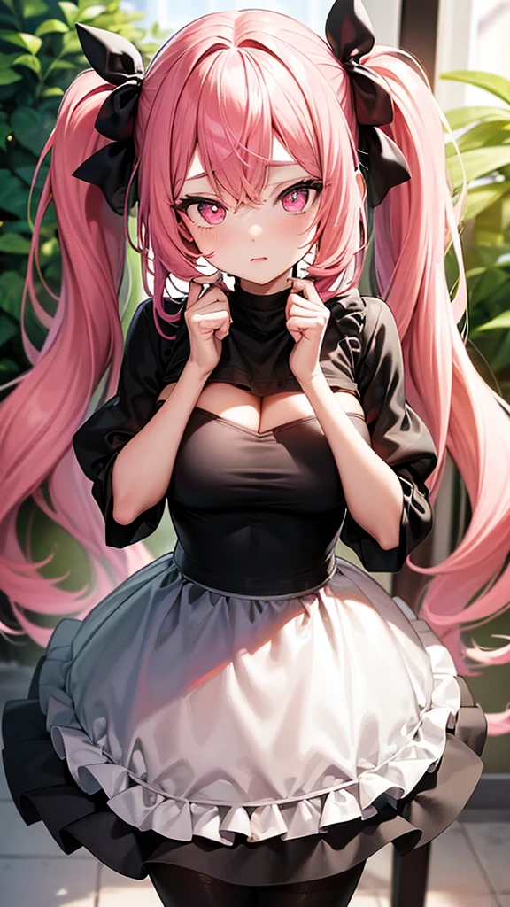 (Highest quality,High resolution,Ultra-detailed,girl)black tights,Pink Hair,Height: 160cm,cute,Pink Eyes,She is wearing a black dress,Twin tails,Big Breasts,Her eyes are white and shining,Has bright white eyes,Naked and looking at me,I have a very embarrassed look,