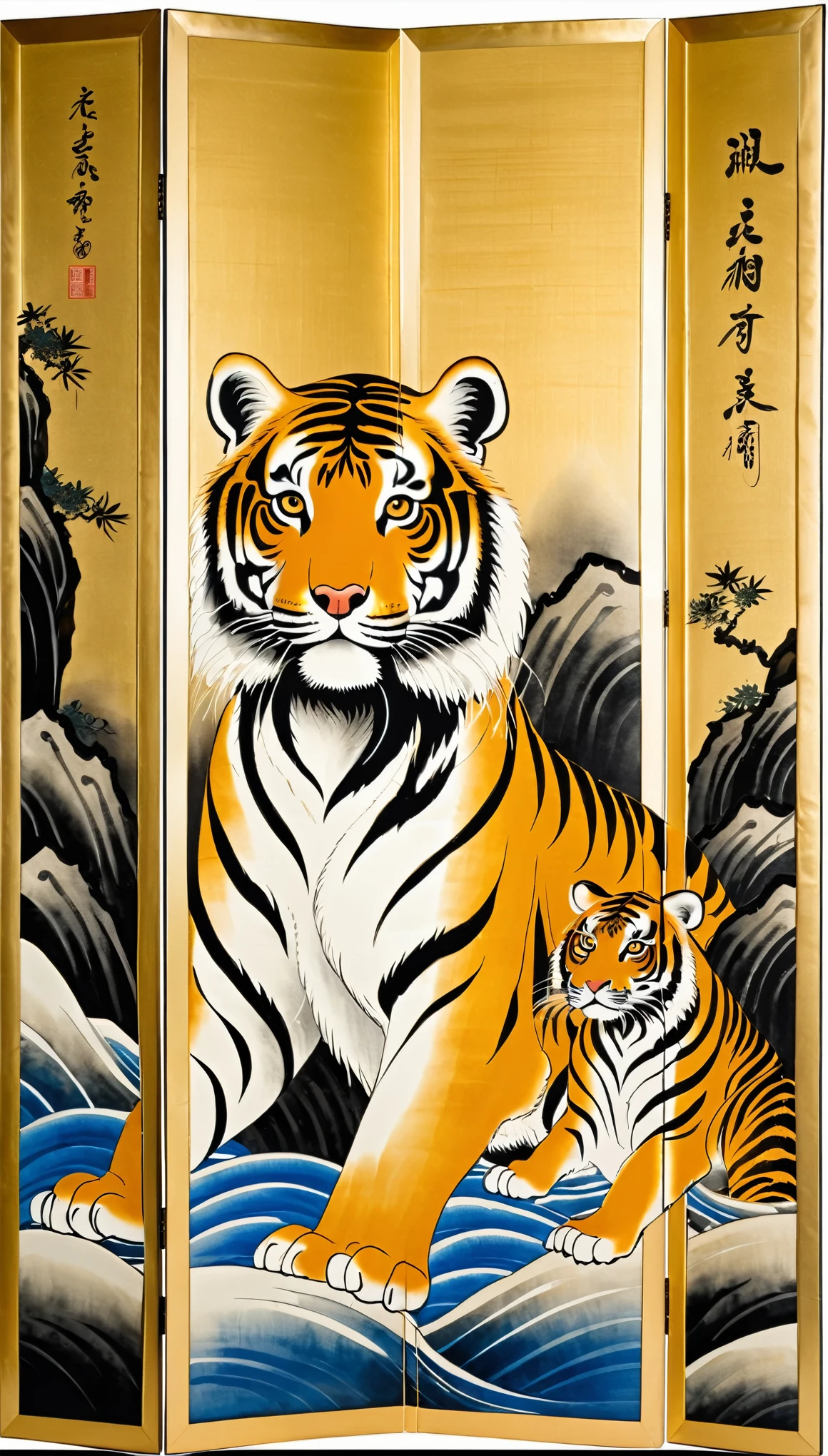 masterpiece,Folding screen depicting a tiger,Ink and water Japanese painting,(Beautiful gradation created by layering),(Tarashikomi technique),(Gold dust base),(dynamic)