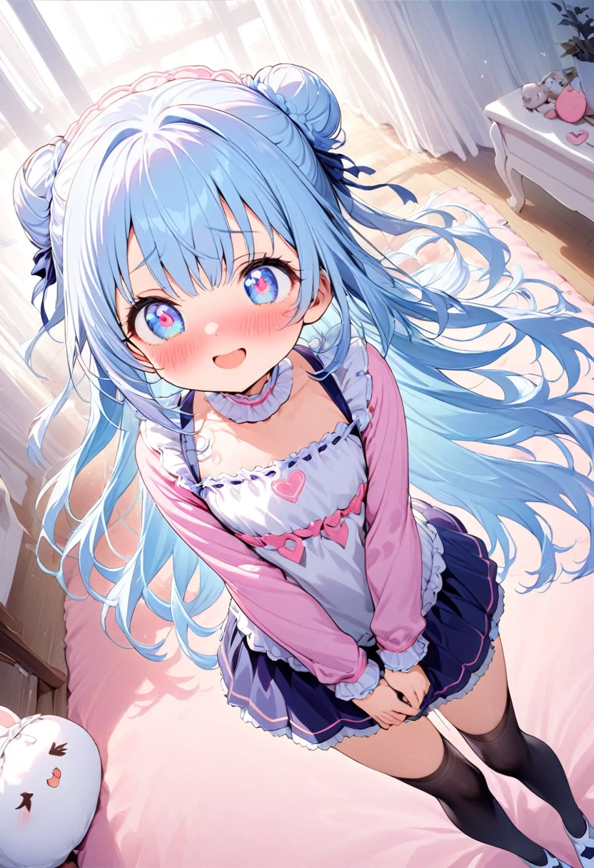 masterpiece, best quality, extremely detailed, (illustration, official art:1.1), 1 girl ,(((( light blue long hair)))), ,(((( light blue long hair)))),light blue hair, , long hair ((blush)) , cute face, big eyes, masterpiece, best quality,(((((a very delicate and beautiful girl))))),Amazing,beautiful detailed eyes,blunt bangs((((little delicate girl)))),(((tareme))),droopy eyes.(true beautiful:1.2), sense of depth,dynamic angle,,,, affectionate smile, (true beautiful:1.2),,(tiny 1girl model:1.2),)(flat chest),  a bun, my face is super blushing,pink heart eyes, a large pink tank top, a black skirt, black stockings, white shoes, ,a very shy girl who is taking off her stockings 