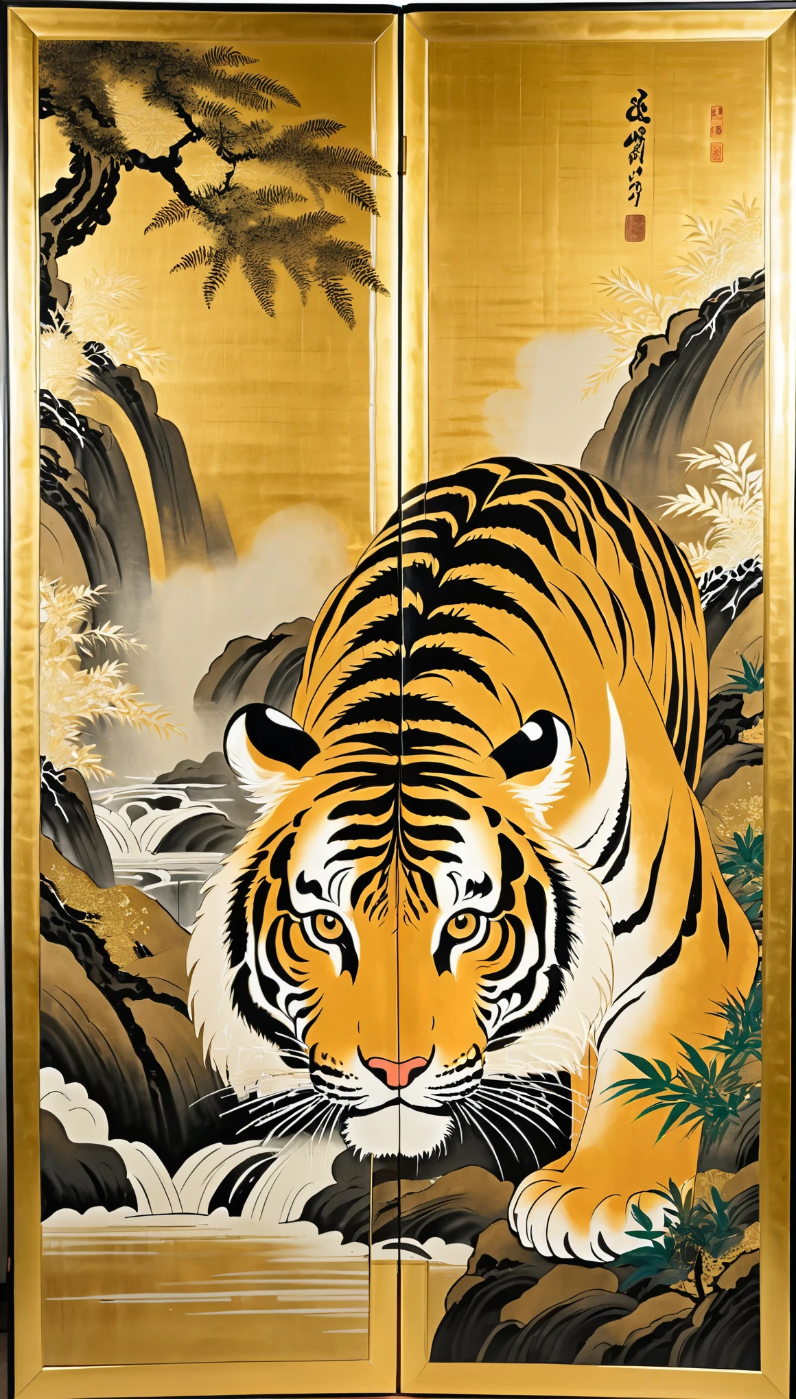 masterpiece,Folding screen depicting a tiger,Ink and water Japanese painting,(Beautiful gradation created by layering),(Tarashikomi technique),(Gold dust base),(dynamic)
