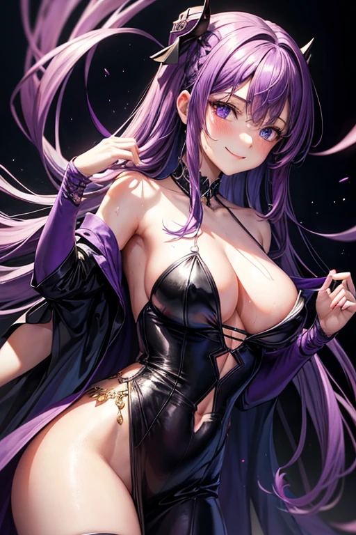 masterpiece, Best Quality, 1 girl, Kafka, purple hair, by the wide, hits, purple eyes, evening gown, slight neckline sketch, psychotic smile, sweaty, bare shoulders, shackles