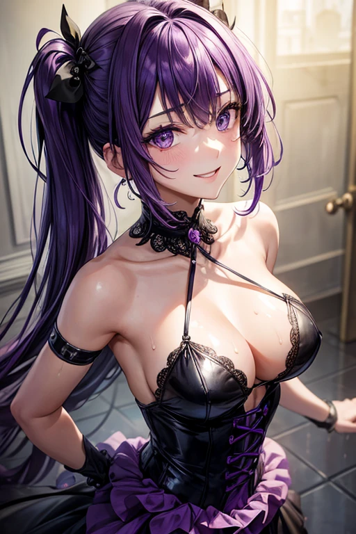 masterpiece, Best Quality, 1 girl, Kafka, purple hair, by the wide, hits, purple eyes, evening gown, slight neckline sketch, psychotic smile, sweaty, bare shoulders, shackles