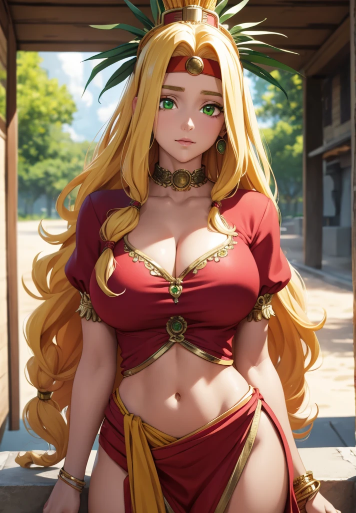 quetzalcoatl, quetzalcoatl, long hair, sidelocks, yellow hair, (green eyes:1.5), wavy hair, (large breast:1.2),
BREAK aztec, bracelet, choker, headband, headdress, jewelry, midriff, navel, short sleeves, wristlet,
BREAK looking at viewer,
BREAK outdoors,
BREAK (masterpiece:1.2), best quality, high resolution, unity 8k wallpaper, (illustration:0.8), (beautiful detailed eyes:1.6), extremely detailed face, perfect lighting, extremely detailed CG, (perfect hands, perfect anatomy),