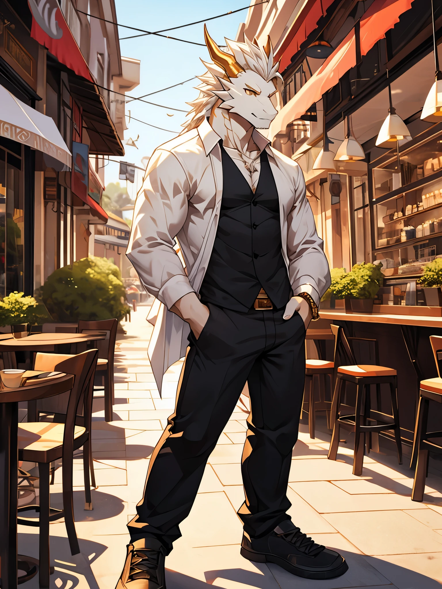 Masterpiece, solo, male, white Dragon, golden Eyes, golden dragon horn, white Medium Hair, white body, slender muscular body, Handsome, Good Looking, Casual Shirt, Casual Pants, Cool Pose. Cafe Background
