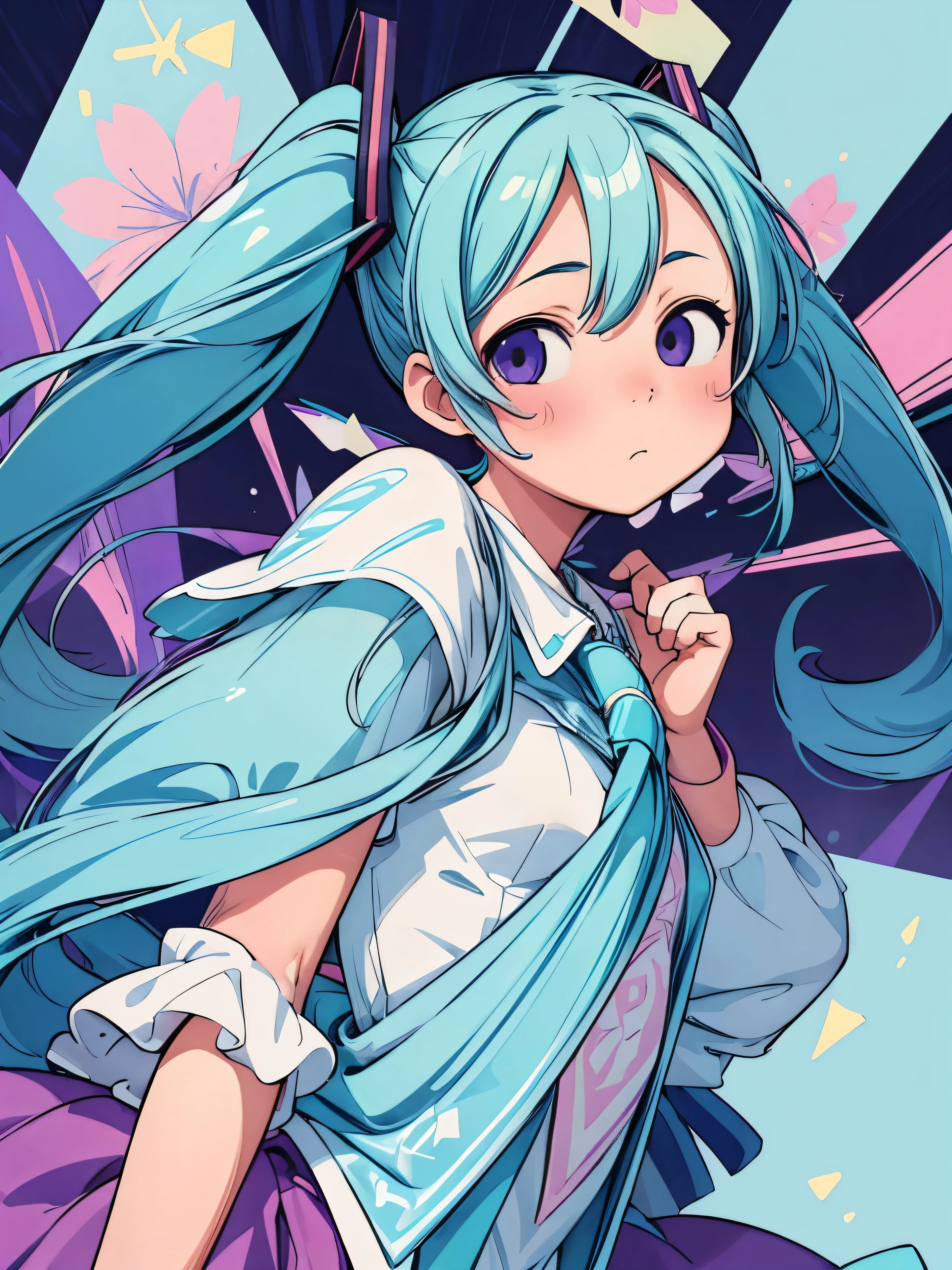(masterpiece、最high quality、最high quality、Official Art、Beautiful and beautiful:1.2)、(One Girl:1.3)hatsune miku、Twin tails,Beautiful breasts,high quality、Colorful color palette、High resolution、pretty girl、An unprecedented amount of drawing、Anime Style、Geometric background、positive、Sticker Style、Long Hair、Light blue hair、Purple eyes