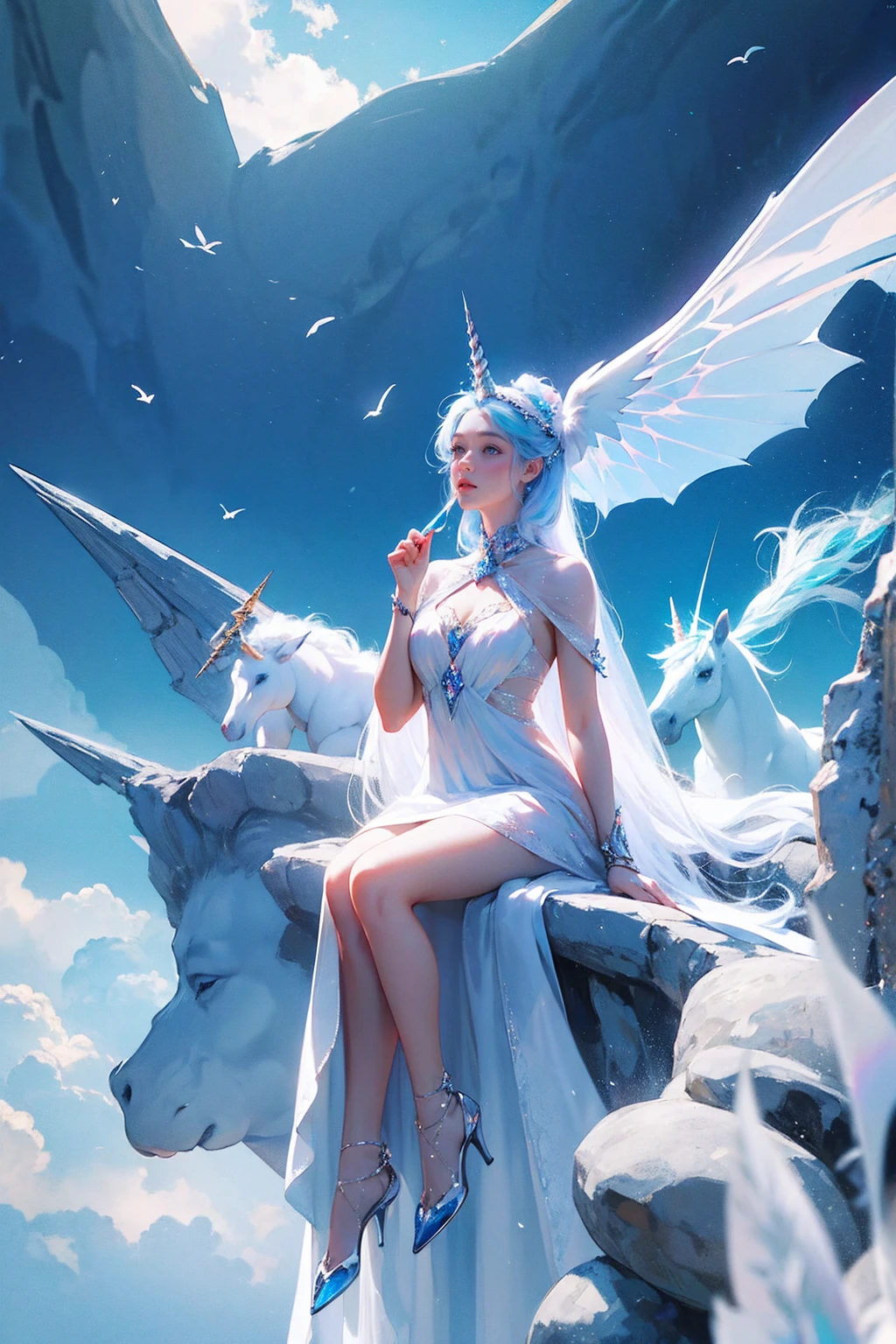 (Masterpiece - Ultra-Detailed, High Resolution) There is a white unicorn girl, blue mane and long mane, white unicorn, unicorn, unicorn horns, A unicorn, celestia, Nine stories, blue unicorn, soft dreamy, cinematic light《fangs》Unicorn in, mythological creatures, a mythical creature, Pokémon illustration, unicorns, a glaceon princess, white dress, opal eyes. Auroracore, ghostly iridescent, image good for rendering, sitting on the water. unicorn girl, full body, holding a crystal unicorn