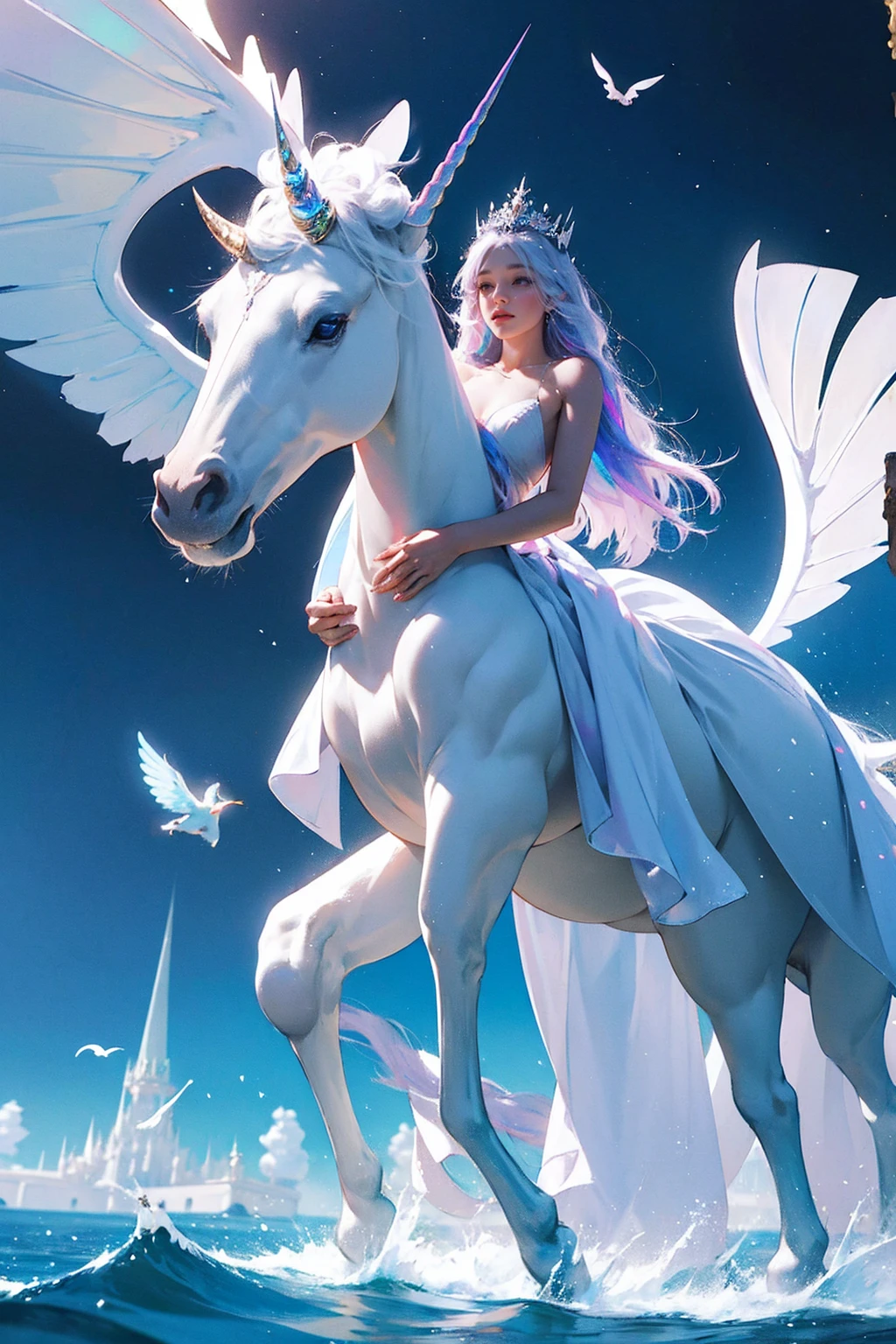 (Masterpiece - Ultra-Detailed, High Resolution) There is a white unicorn girl, blue mane and long mane, white unicorn, unicorn, unicorn horns, A unicorn, celestia, Nine stories, blue unicorn, soft dreamy, cinematic light《fangs》Unicorn in, mythological creatures, a mythical creature, Pokémon illustration, unicorns, a glaceon princess, white dress, opal eyes. Auroracore, ghostly iridescent, image good for rendering, sitting on the water. unicorn girl, full body, holding a crystal unicorn