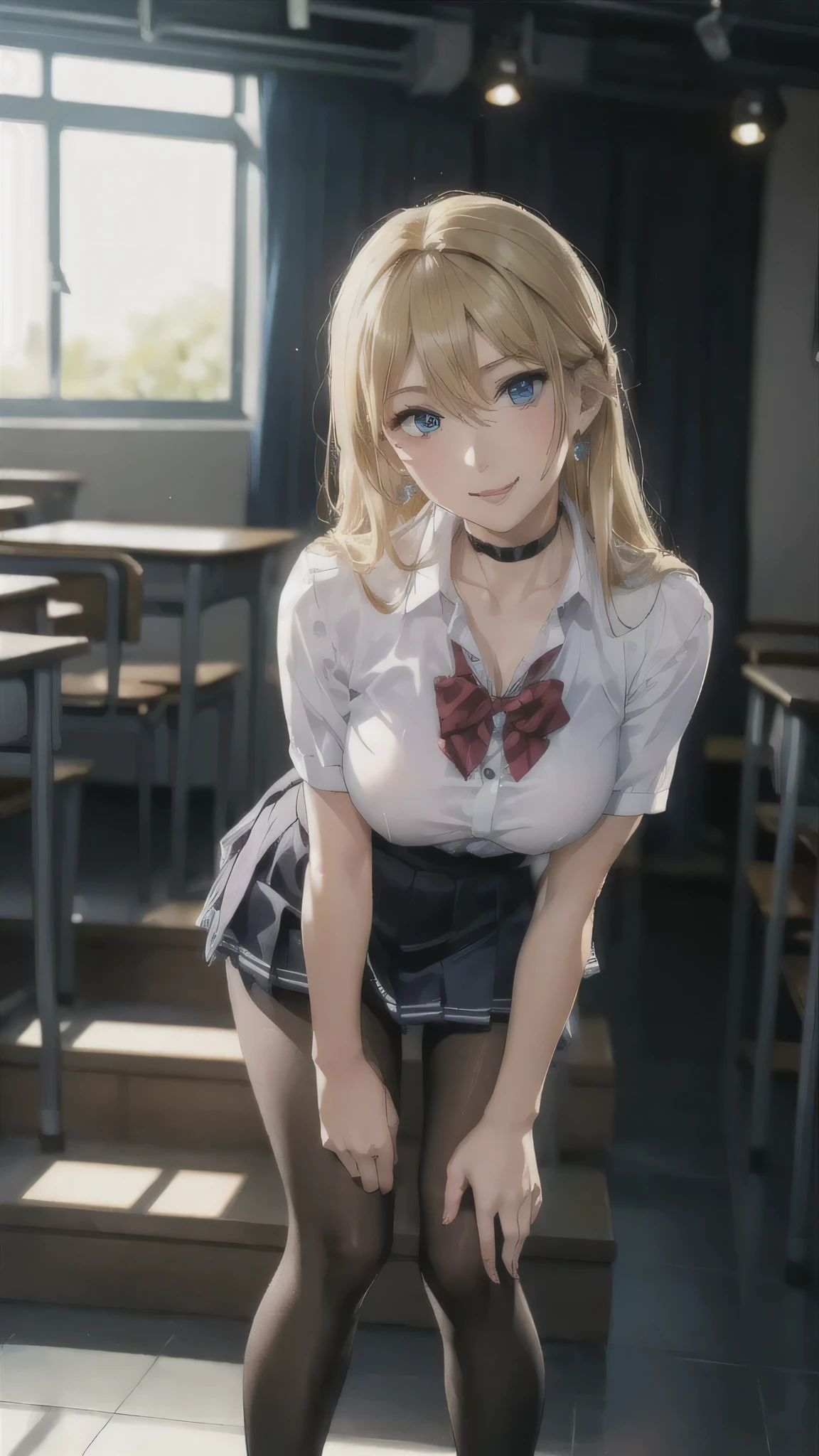 ((on stage)),((high school girl)),((school uniform)),((White blouse)),(((Pleated mini skirt))), ((A shy smile)),((Beautiful legs)),((Beautiful feet)),Ultra-high resolution, Mature Woman, Mature Woman, Very detailed, ((Big Breasts)), Perfect hands, Detailed fingers, Beautiful details, (((school uniform))),((Long blonde hair)),Black choker, Earrings,loafers,(Black Pantyhose), (Black Stockings),Perfect Eyes, Seductive eyes, School stairs,Are standing