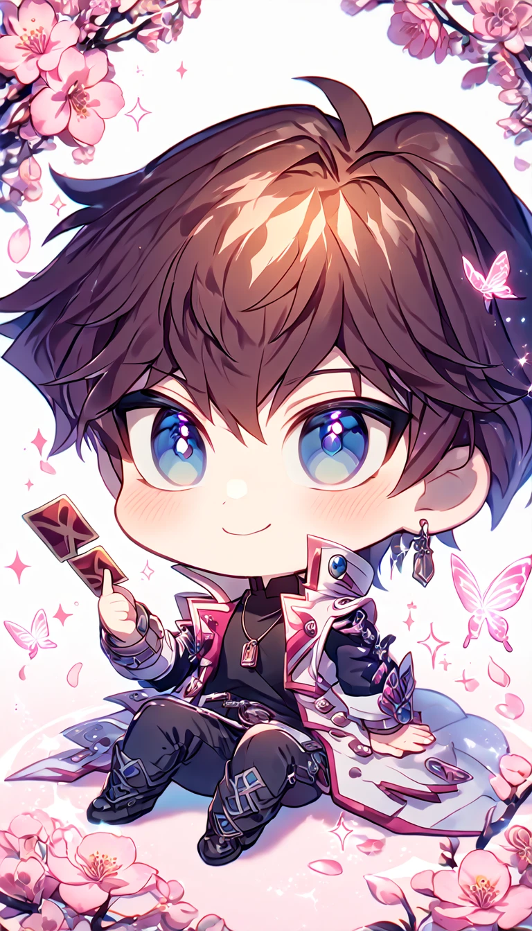 absurdres, highres, ultra detailed, HDR, master piece, best quality, extremely detailed, Kaiba Seto chibi, brown hair, expressive blue eyes, Yu-Gi-Oh, solo, cute, handsome, handsome smile, sensual, white coat, black shirt, black pants, holding a card, sitting, magical, sparkling, pink glittering fireflies, pink ice, pink ice butterflies, pink ice petals, pink ice cherry blossoms, pink crystal, pink flowers