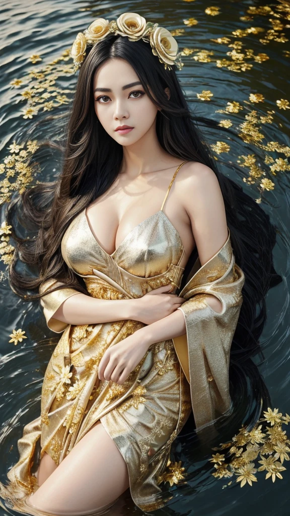 (gold flower theme:1.4),
1girl, (looking at viewer:1.6), Floral_Embodiment_in_Petal_Gown_amidst_Floating_Blossoms_with_Rippling_Water_Symphonies, (realistic:1.3),
arabs, very long straight black hair, (thick eyebrows:0.8), huge breasts, (warm skin undertone), black eyes, wide eyes, middle parted hair, v-shaped eyebrows, (v-shaped eyes, tsurime),