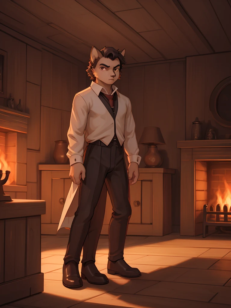 A young Zorro man, serious expression, wearing a black suit, white shirt, and red tie, light brown eyes, looking at the camera, in a wooden room with a fireplace