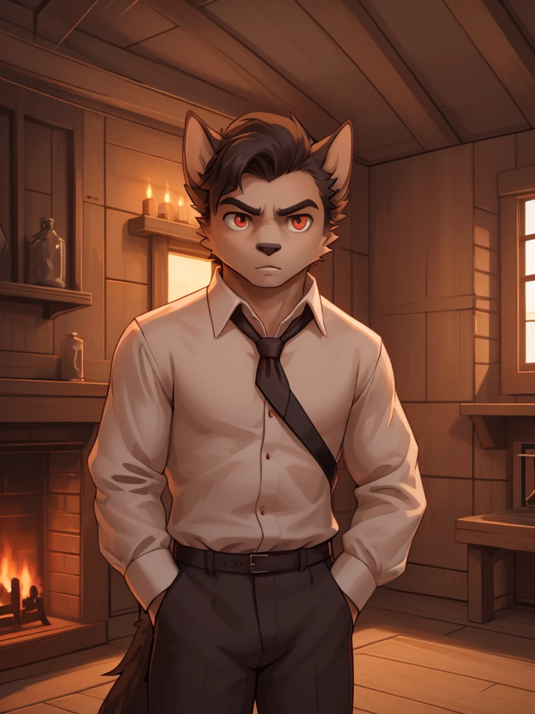 A young Zorro man, serious expression, wearing a black suit, white shirt, and red tie, light brown eyes, looking at the camera, in a wooden room with a fireplace