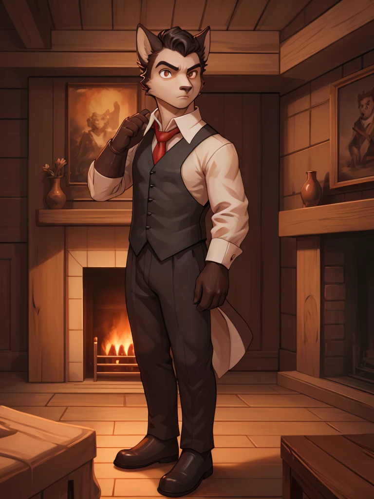 A young Zorro man, serious expression, wearing a black suit, white shirt, and red tie, light brown eyes, looking at the camera, in a wooden room with a fireplace