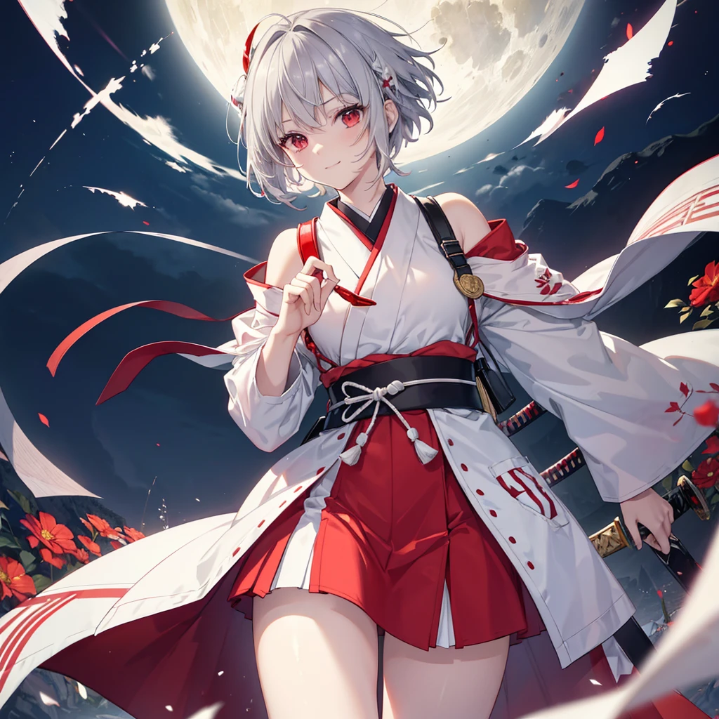 (((((1 person　Gray Hair、short hair、Red Sideburns　White and red clothes、shoulder)))))　((((High resolution　Japanese sword、Shining blade　Visible thighs))))　(((Black Belt　warrior　military commander、Close-up　smile　Red eyes)))　((Bright red butterfly　night　Japanese style、old　Shining Aura　garden、water surface　full moon　Catch the wind))　(Shining Background　Shining Edges)