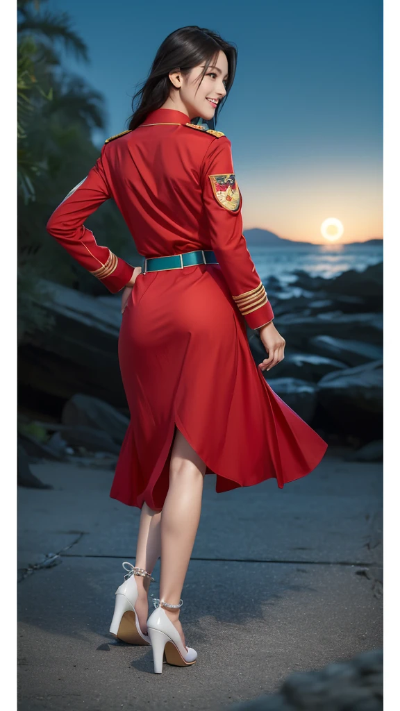 ((Biologically correct limb count))、(( Full body, including face))、4K、masterpiece、((Focus on the face))、((Symmetric, Well-proportioned facial features))、Delicate descriptive eyes、(((1 person)))、Beautiful woman、Excellent style、Slender body、、((Red Army Uniform、shirt、Check skirt,(High heels with anklets)))、(((Coastal)))、(Smile and smile)、(Close-up of the upper body from behind)、High Angle、Photo with white border、night、Walking posture、