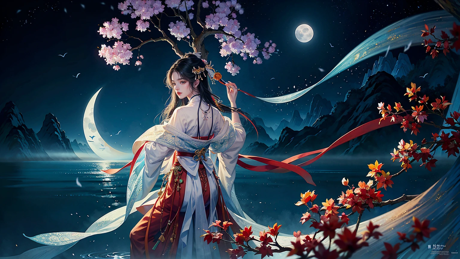Official Art, Unity 8K wallpaper, Extremely detailed, beautiful and aesthetic, masterpiece, best quality, For the world,You may be alone,But for someone,You could be the whole world, paradox, Adrian Genius, Jenny Savile, Edward Hope, Surrealism, The Dark Arts of James Jean, Takato Yamamoto, 墨water朋克极简主义, fashion magazine, Editorial Photography, gufeng, moon, Tree, Solitary, water, flower, Branches, night, Black Hair, Back to, shawl, full moon, (1 Korean girl,Sexy facial features), in Tree, Long hair, Sky, sit, Chinese clothes, Hanfu, crescent moon, permanent, outdoor,