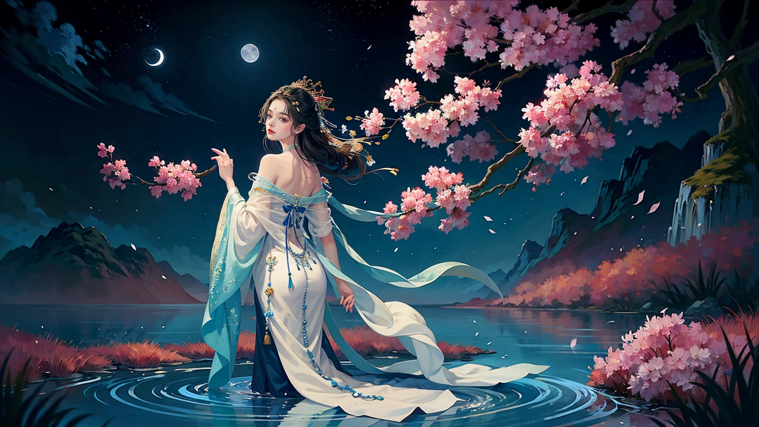 Official Art, Unity 8K wallpaper, Extremely detailed, beautiful and aesthetic, masterpiece, best quality, For the world,You may be alone,But for someone,You could be the whole world, paradox, Adrian Genius, Jenny Savile, Edward Hope, Surrealism, The Dark Arts of James Jean, Takato Yamamoto, 墨water朋克极简主义, fashion magazine, Editorial Photography, gufeng, moon, Tree, Solitary, water, flower, Branches, night, Black Hair, Back to, shawl, full moon, (1 Korean girl,Sexy facial features), in Tree, Long hair, Sky, sit, Chinese clothes, Hanfu, crescent moon, permanent, outdoor,
