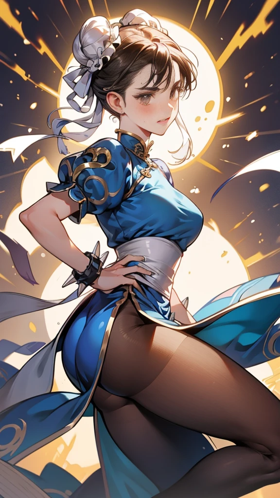 {{masterpiece}}, {{{Highest quality}}},{{Very detailed}},sf2 to,Chunli,Combat Stance,from side,Cowboy Shot,Focus on legs{{{Mature woman fighting}}},{{疲労でSweatをかいている成人女性}},Sweat,,Small breasts,{{Blushing}},{{V-shaped eyebrows}},{{Blue clothes}},{{puffy short sleeve}},{{{Blue Chinese dress with gold lines}},{Bunhead}},{Brown pantyhose},, ,{{spike bracelet}},{{Tied Hair}},,{{Thin legs}},{{White belt}},,Slender body}}{{ blue pelvis curtain}}, , sash, , ,,blush,Wrinkles ,amount,Grit your teeth,suffering,v-shaped eyebrows.,Sweat dripping,Medium chest ,get annoyed,,ruins,,Bunhead,Good cover,Fighting Pose,