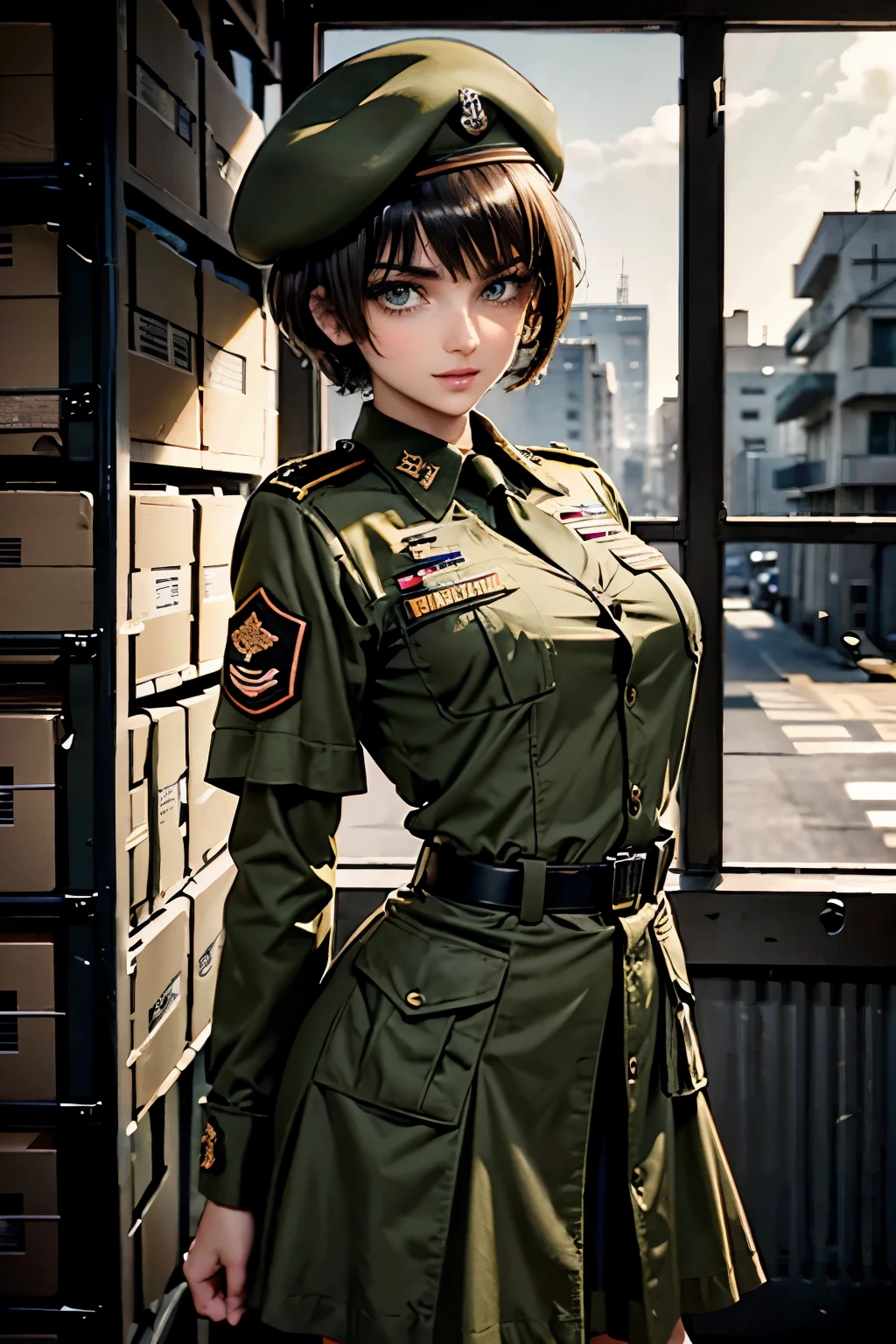 Anime girl in uniform posing for a picture in front of a window - SeaArt AI