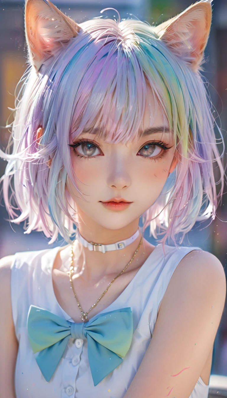 Colorful hair and colorful dress in anime ((cat-eared 1girl)),  school uniform pastel vivid, rossdraws cartoon vivid, anime style 4k, beautiful anime portrait, artgerm colorful!!!、! dream art germ, beautiful anime, cat ear 1girl, anime style digital art, anime art wallpaper 4k, anime art wallpaper 4k, digital anime art, highly detailed art germ, school uniform,  full body, sitting in her office, white hair, front view, smirking,