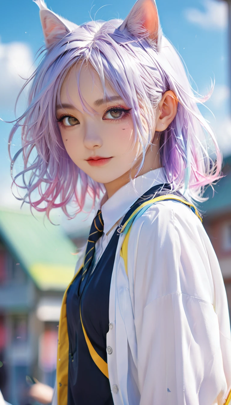 Colorful hair and colorful dress in anime ((cat-eared 1girl)), school uniform pastel vivid, rossdraws cartoon vivid, anime style 4k, beautiful anime portrait, artgerm colorful!!!、! dream art germ, beautiful anime, cat ear 1girl, anime style digital art, anime art wallpaper 4k, anime art wallpaper 4k, digital anime art, highly detailed art germ, school uniform, full body, sitting in her office, white hair, front view, smirking,