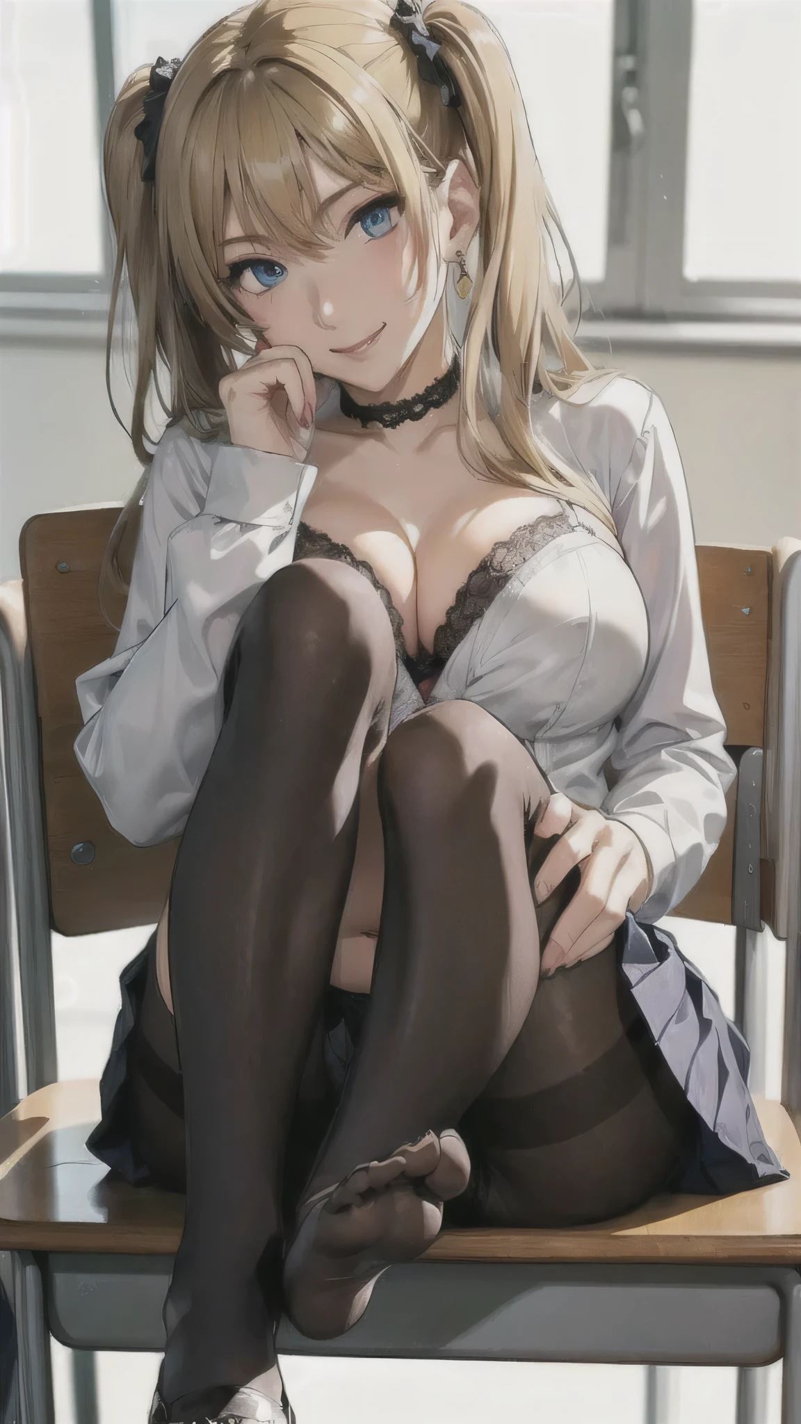 ((open-chest)),((high school girl)),((school uniform)),((White blouse)),(((Pleated mini skirt))), ((A shy smile)),((Beautiful legs)),((Beautiful feet)),((Lace panties)),((Lace bra)),Ultra-high resolution, Mature Woman, Mature Woman, Very detailed, ((Big Breasts)), Perfect hands, Detailed fingers, Beautiful details, (((school uniform))),((Long blonde hair)),((Twin tails)),Black choker, Earrings,loafers,(Black Pantyhose), (Black Stockings),Perfect Eyes, Seductive eyes, School classroom,Sit cross-legged in a chair