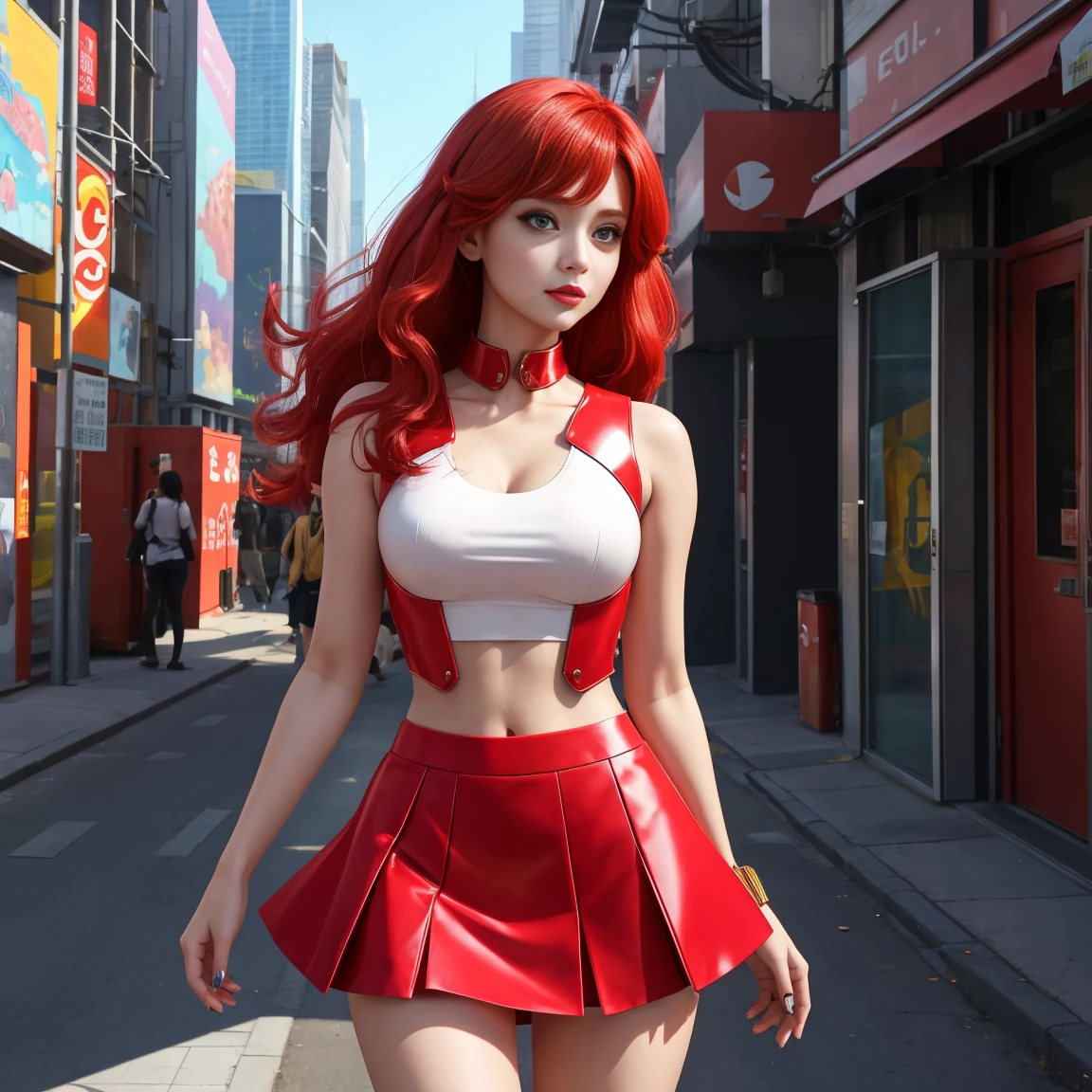A beautiful Goddess, medium hair, Body cute, bright red , wearing a futuristic short skirt in a futuristic city